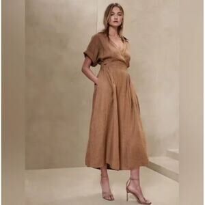 Banana Republic Sedona Linen Dress Midi Faux Wrap Collared Pockets Women’s XL